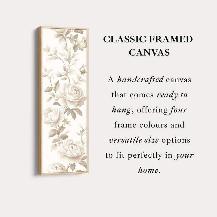 Décoration murale longue toile encadrée avec pivoines beiges verticales florales