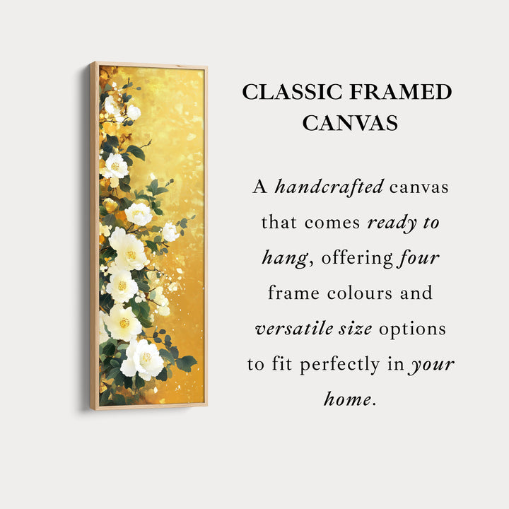 Vertical White & Gold Floral Long Framed Canvas Decor