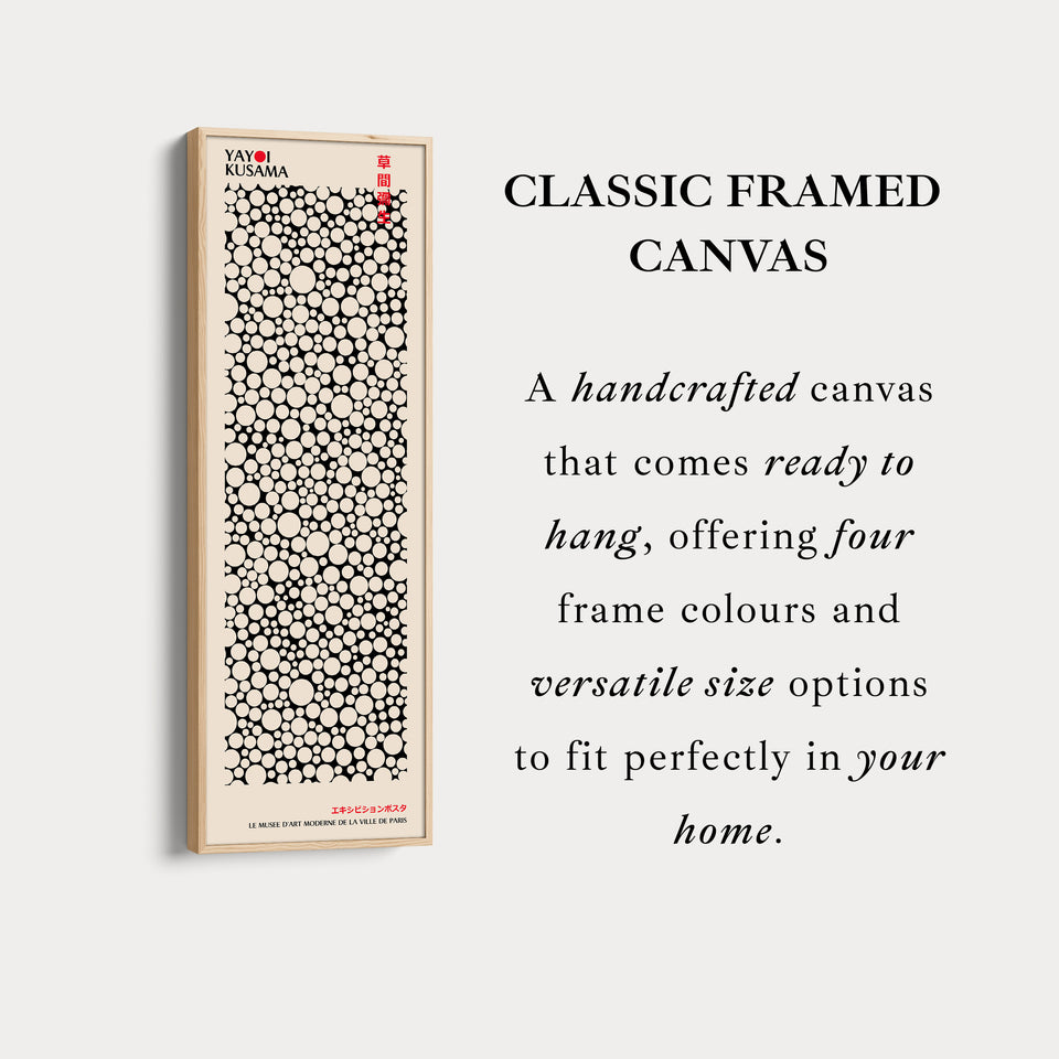 Yayoi Kusama stijl lang omlijst canvas – groot verticaal Japanse abstracte wandkunst, Japandi stijl, Japanse posterafdruk