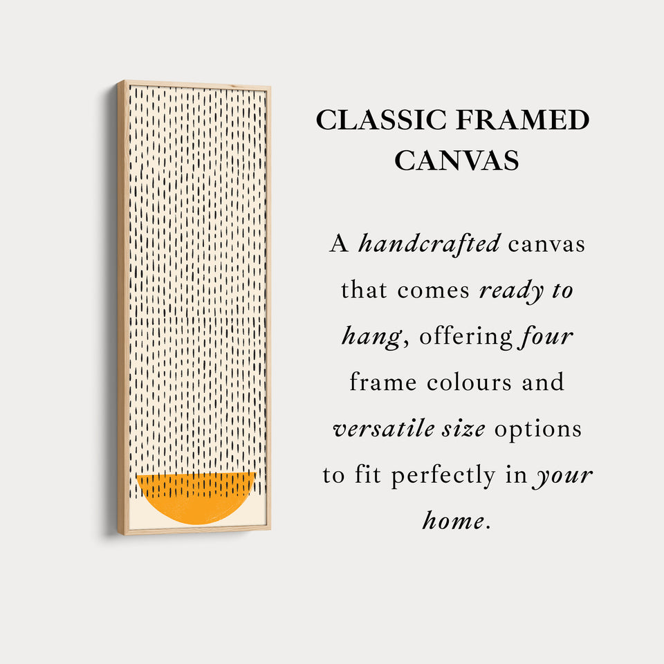 Minimalistische oranje halve cirkel verticale ingelijste canvas wanddecoratie voor hal of slaapkamer