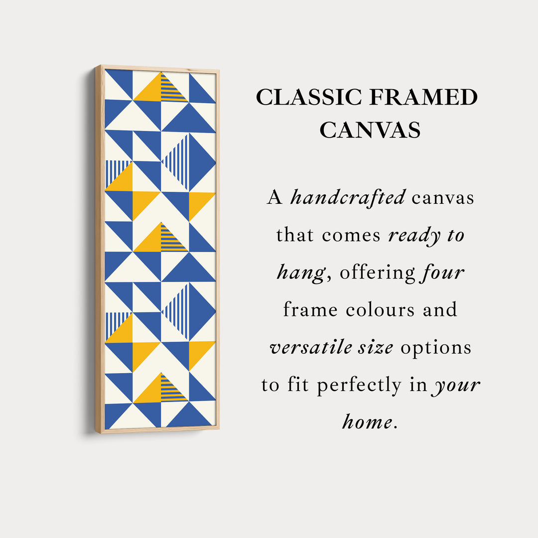 Retro Blue and Yellow Triangles Vertical Framed Canvas Wall Art for Bedroom or Hallway