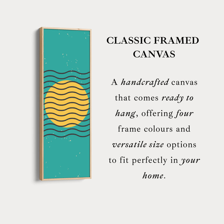 Teal and Yellow Minimalist Sun Vertical Framed Canvas Wall Art for Hallway or Bedroom