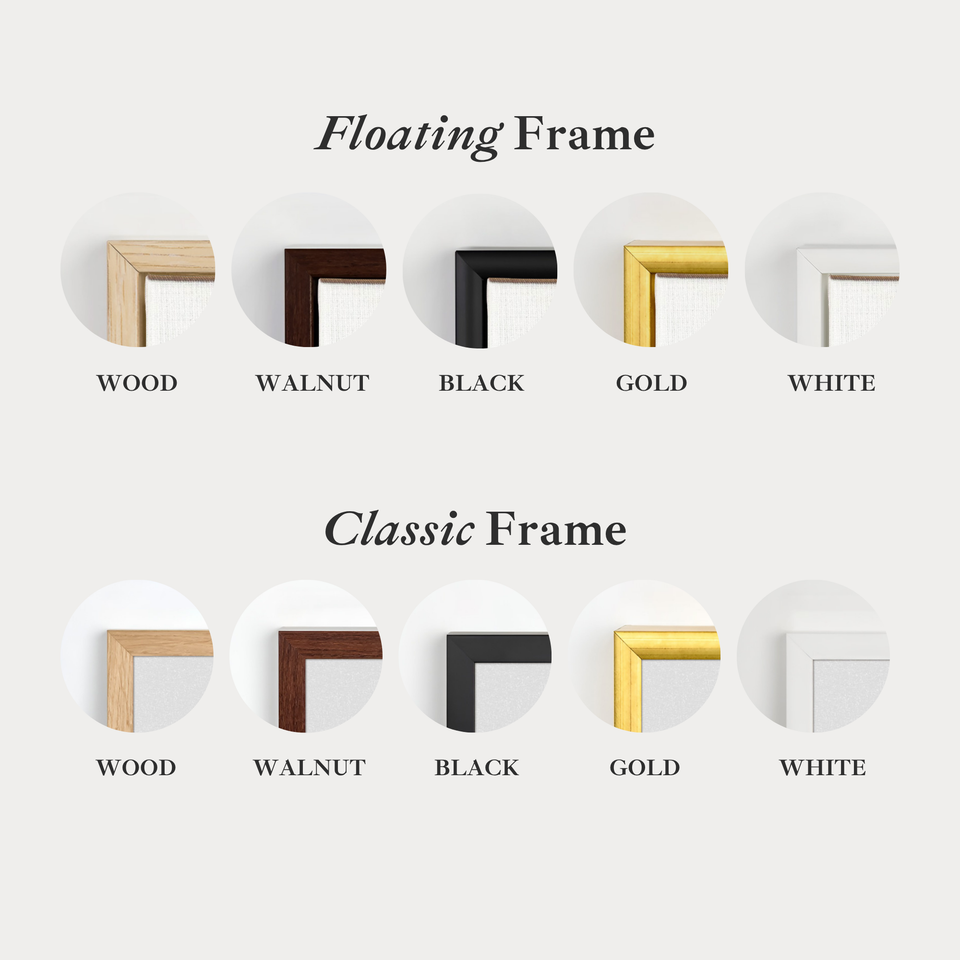 Frame colour options for the Above Bed Wall Decor Vintage Pink Floral canvas: black, white, oak, walnut and gold