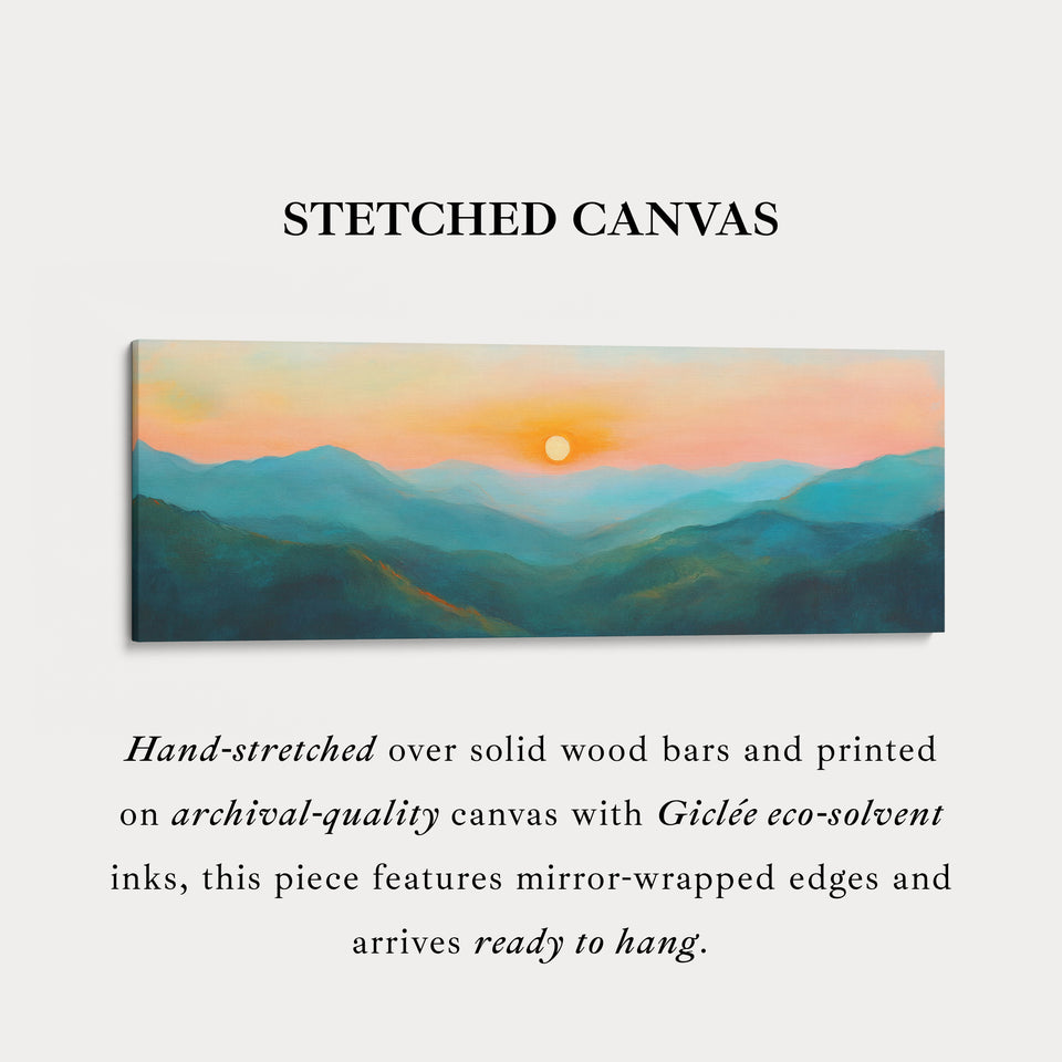 Décoration murale abstraite panoramique du lever du soleil au-dessus du lit, grandes images encadrées.