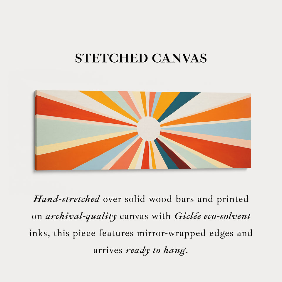 Impression sur toile panoramique encadrée en forme de soleil pour décoration murale longue.