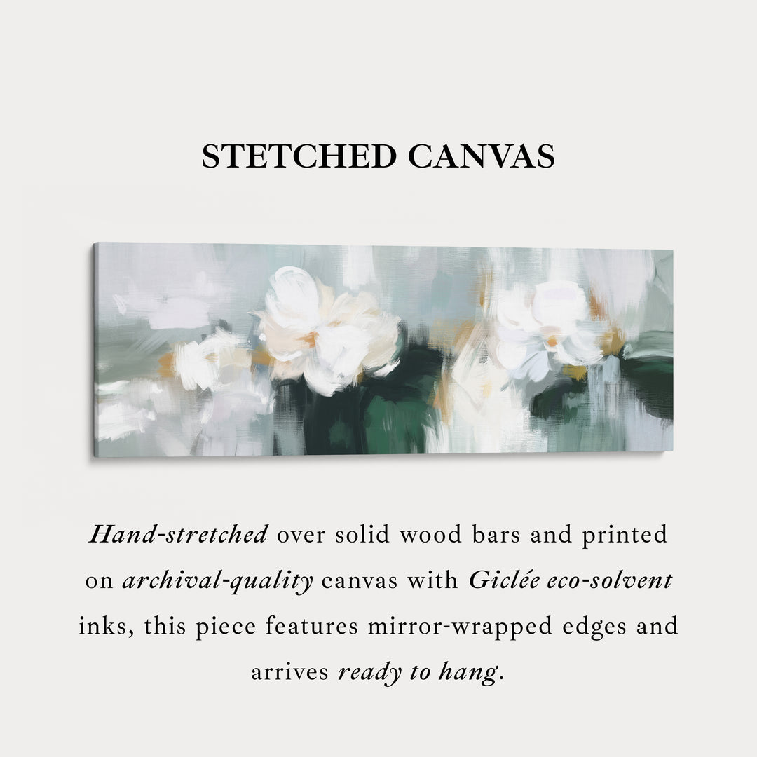 Horizontal Wall Art White Abstract Floral Canvas Print – Soft Neutral Brushstroke Flowers – Modern Above Sofa Art for Living Room