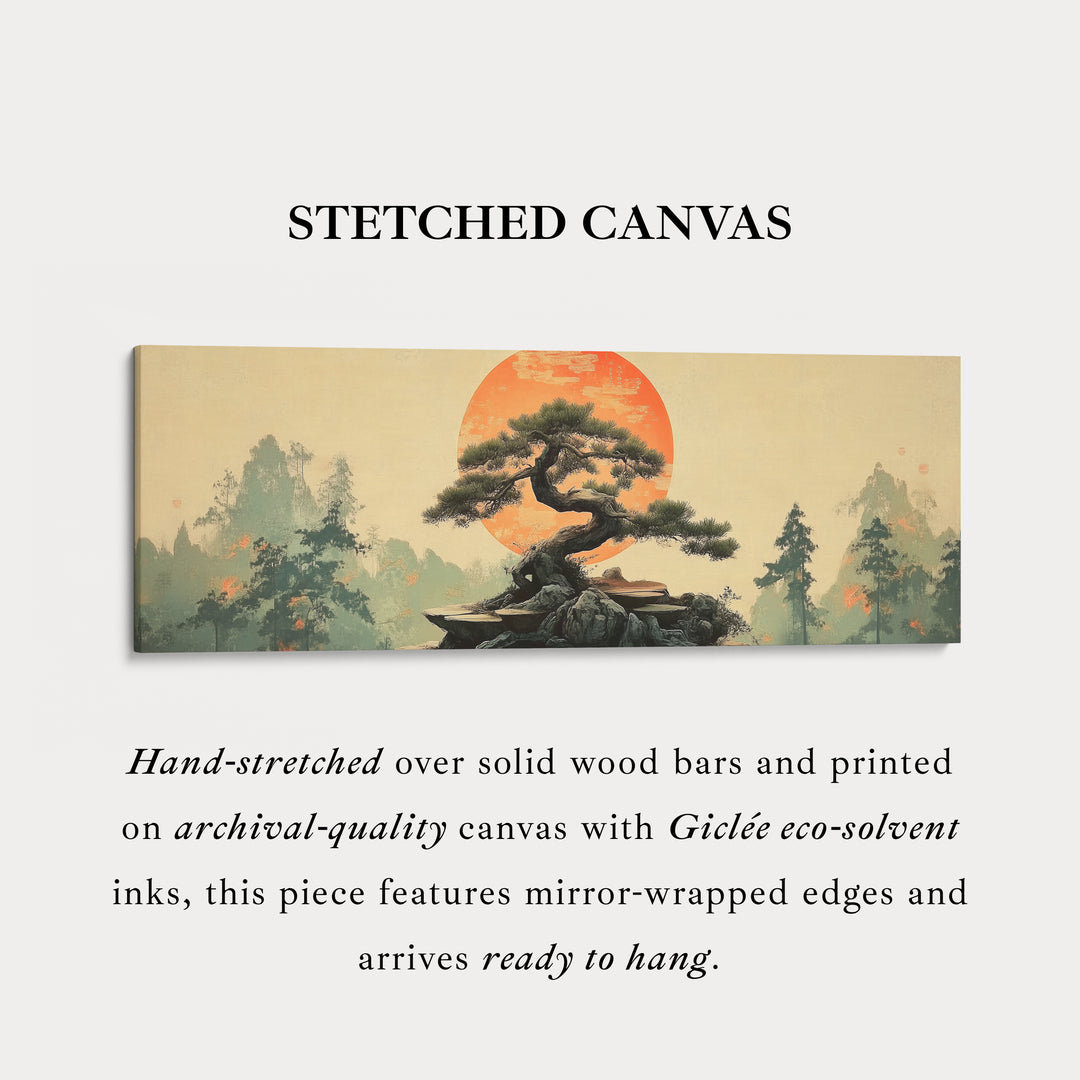 Lange panoramische wanddecoratie bonsaiboom botanische wandkunst