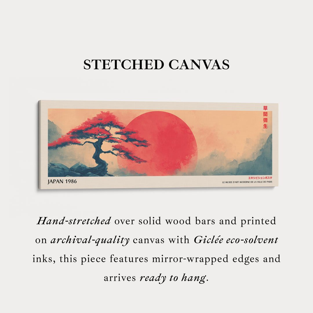 Red Sun and Bonsai – Long Narrow Japandi Wall Art Japanese Tree Landscape Canvas