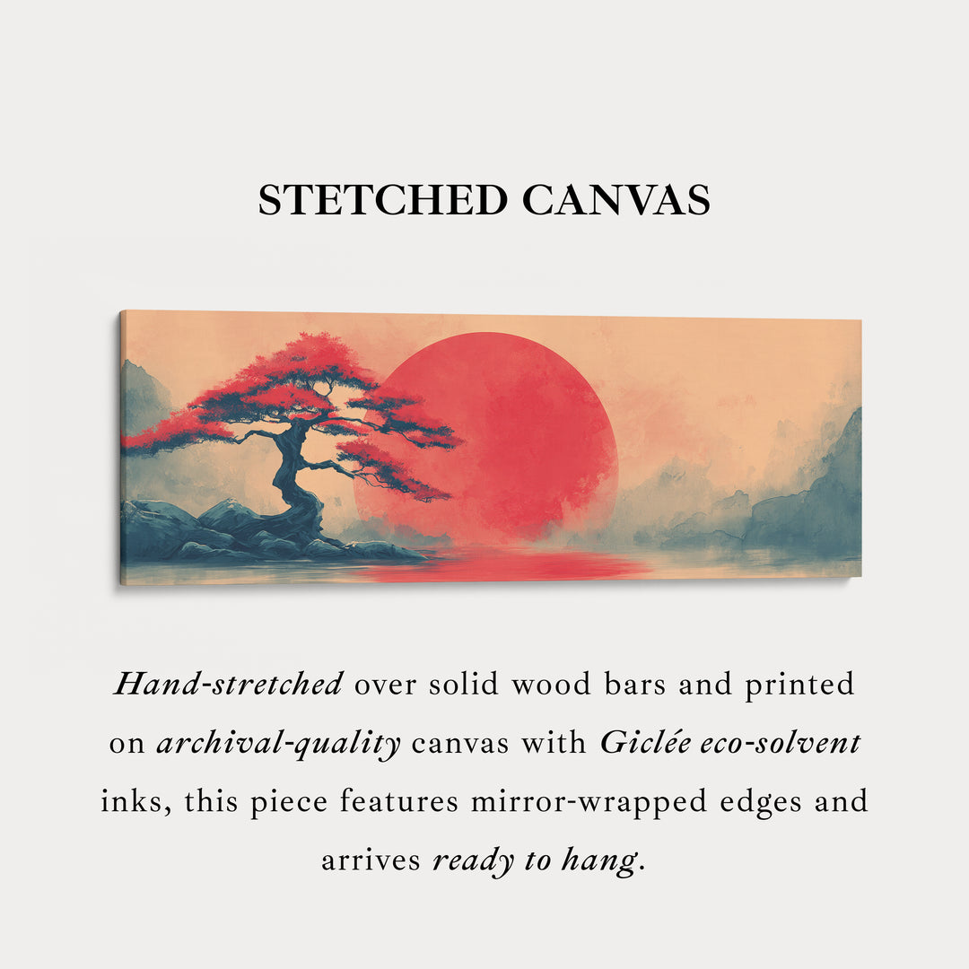 Bonsai Tree with Red Sun – Long Narrow Japanese Landscape Canvas - Japandi Wall Art