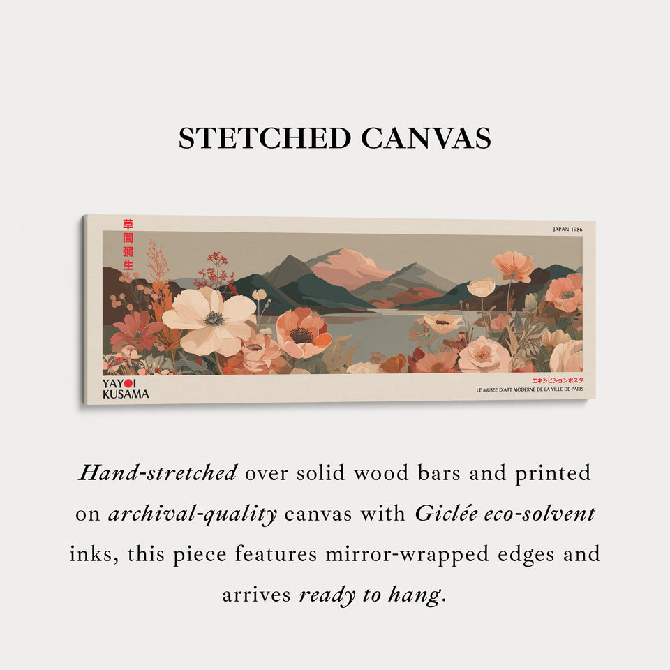 Yayoi Kusama Blumige Landschaft – Langer Schmaler Gerahmter Leinwand - Japanische Blumen- & Berg-Wandkunst