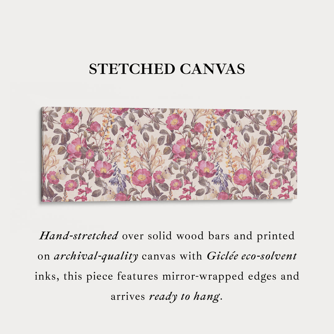 Horizontal wall art botanical floral repeat pattern with butterflies for living room or bedroom