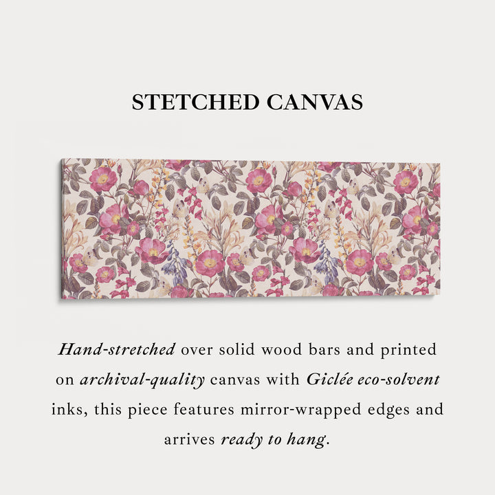 Horizontal wall art botanical floral repeat pattern with butterflies for living room or bedroom