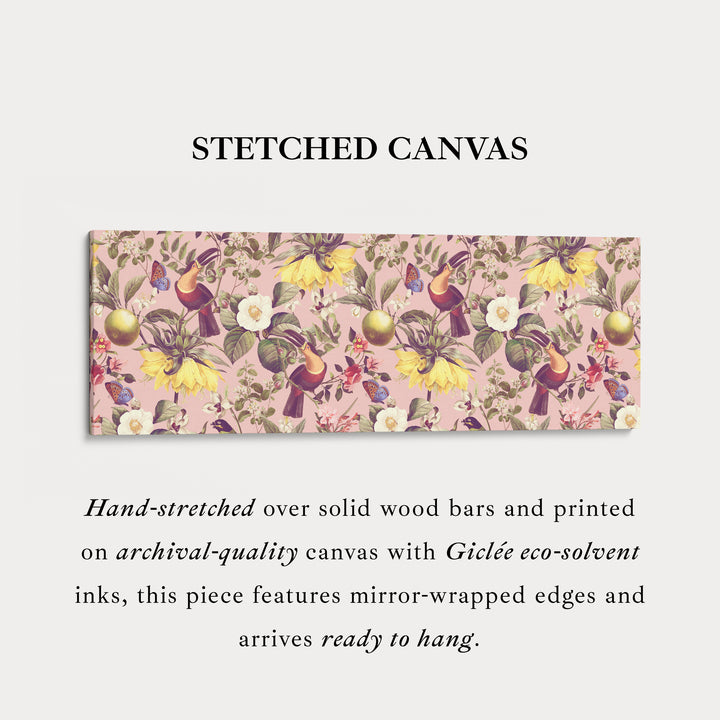 Long narrow canvas tropical botanical with toucans and citrus fruit for living room or bedroom