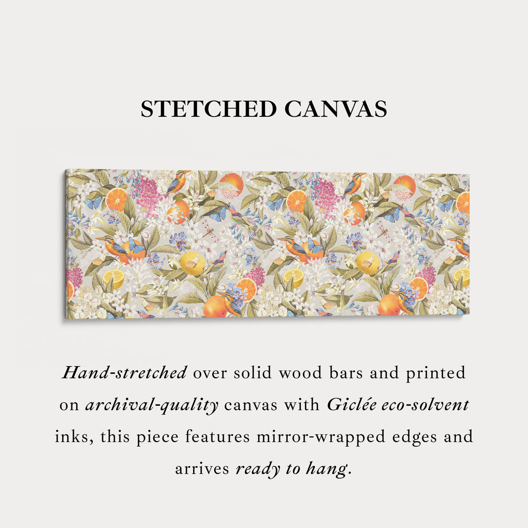 Wide wall art bright botanical with oranges butterflies and birds for living room or bedroom