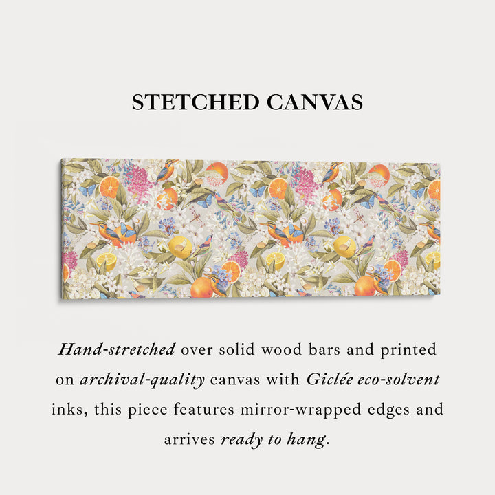 Wide wall art bright botanical with oranges butterflies and birds for living room or bedroom