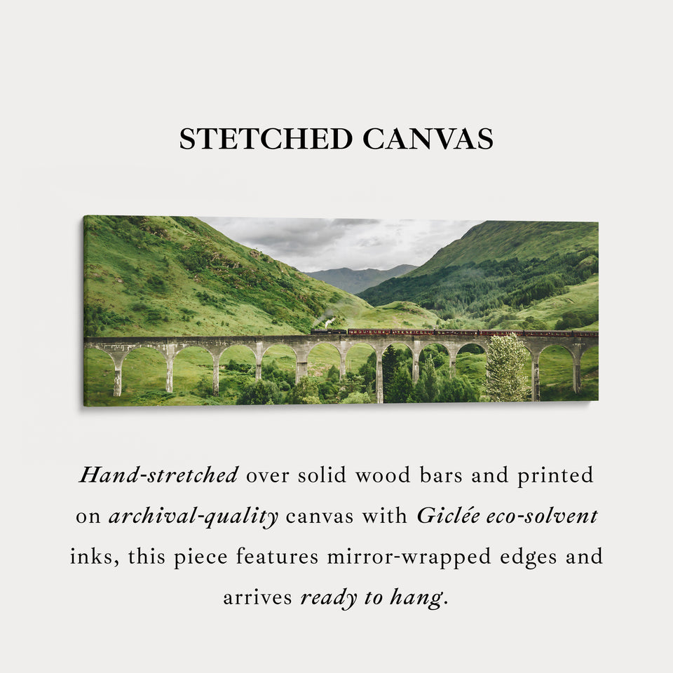 Long framed canvas train crossing glenfinnan viaduct in green highlands for living room or bedroom