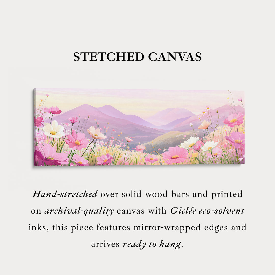 Horizontal Wall Art Pink Floral Meadow Long Canvas For Bedroom Or Living Room