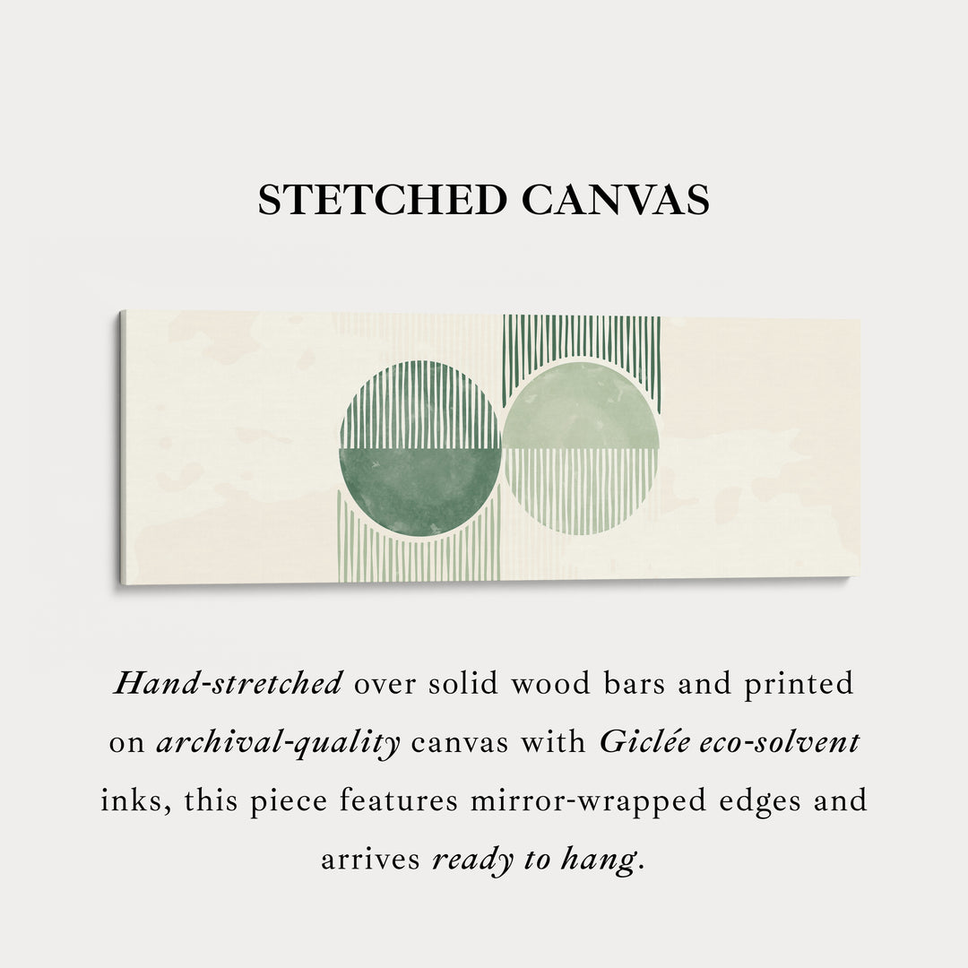 Long Framed Canvas Modern Green Circles With Textured Stripes For Living Spaces