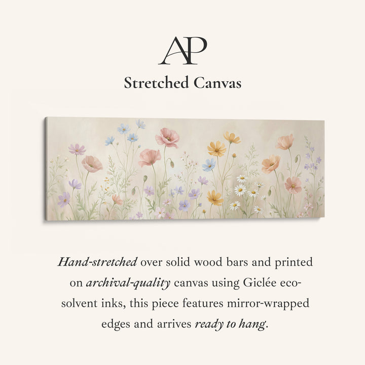 Pastel Wildflowers On Beige Background Large Wall Art Panoramic Canvas Print Bedroom