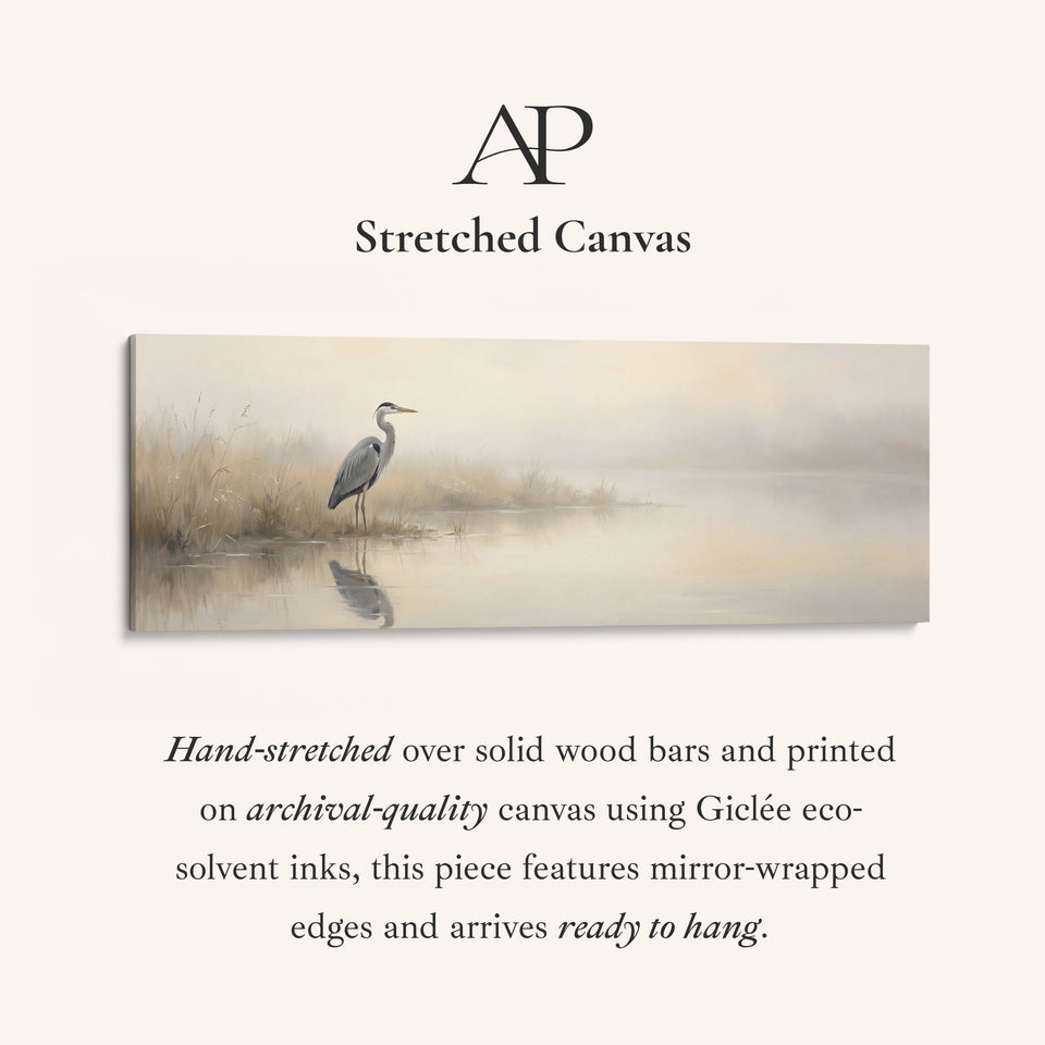 Heron In Foggy Water Wide Framed Canvas Extra Wide Canvas Bedroom