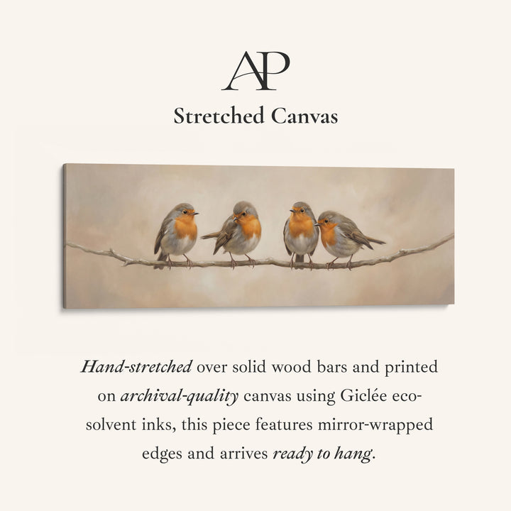 Four Robins On Branch Long Wall Art Panoramic Canvas Print Living Room