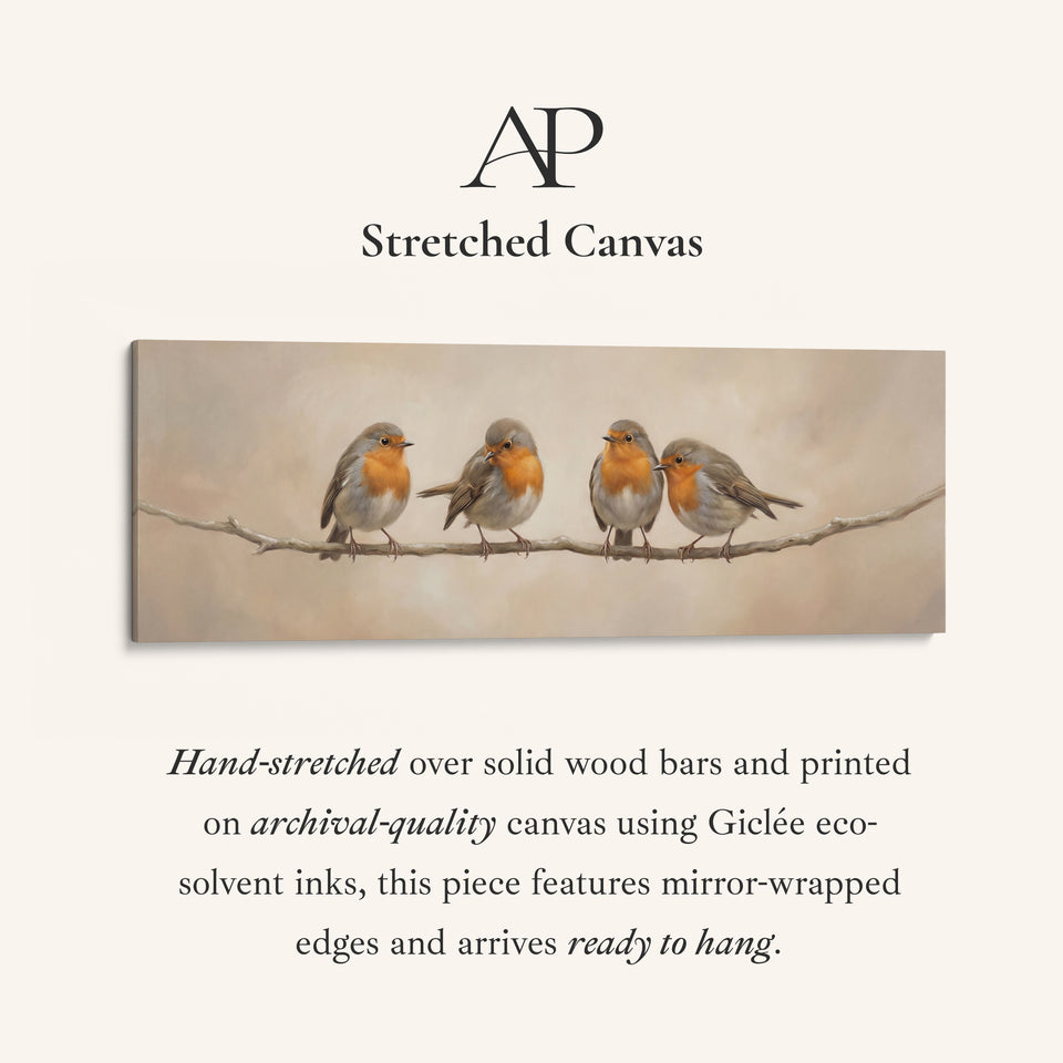Four Robins On Branch Long Wall Art Panoramic Canvas Print Living Room