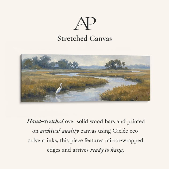 Long Narrow Wall Art Egret in a Salt Marsh for Living Room stretched canvas, full artwork view