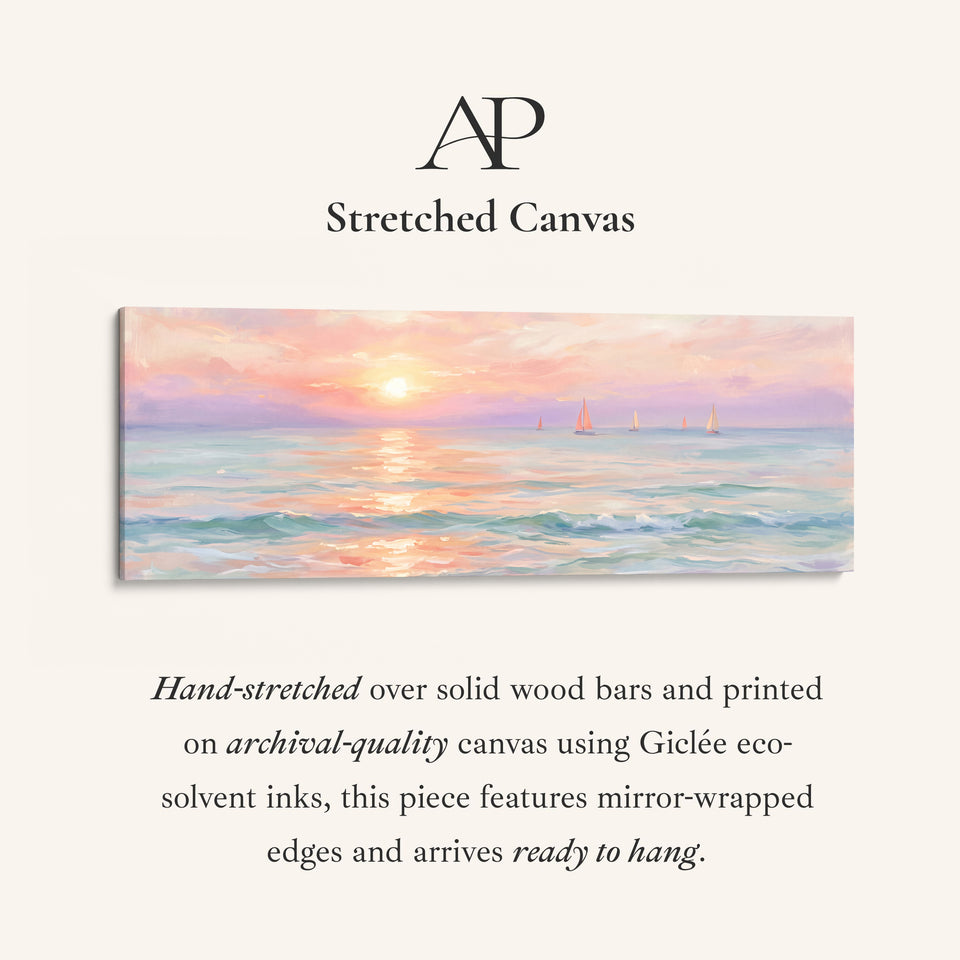 Pastel Sunset Sailboats Horizontal Wall Art Large Canvas Above Bed stretched canvas, full artwork view