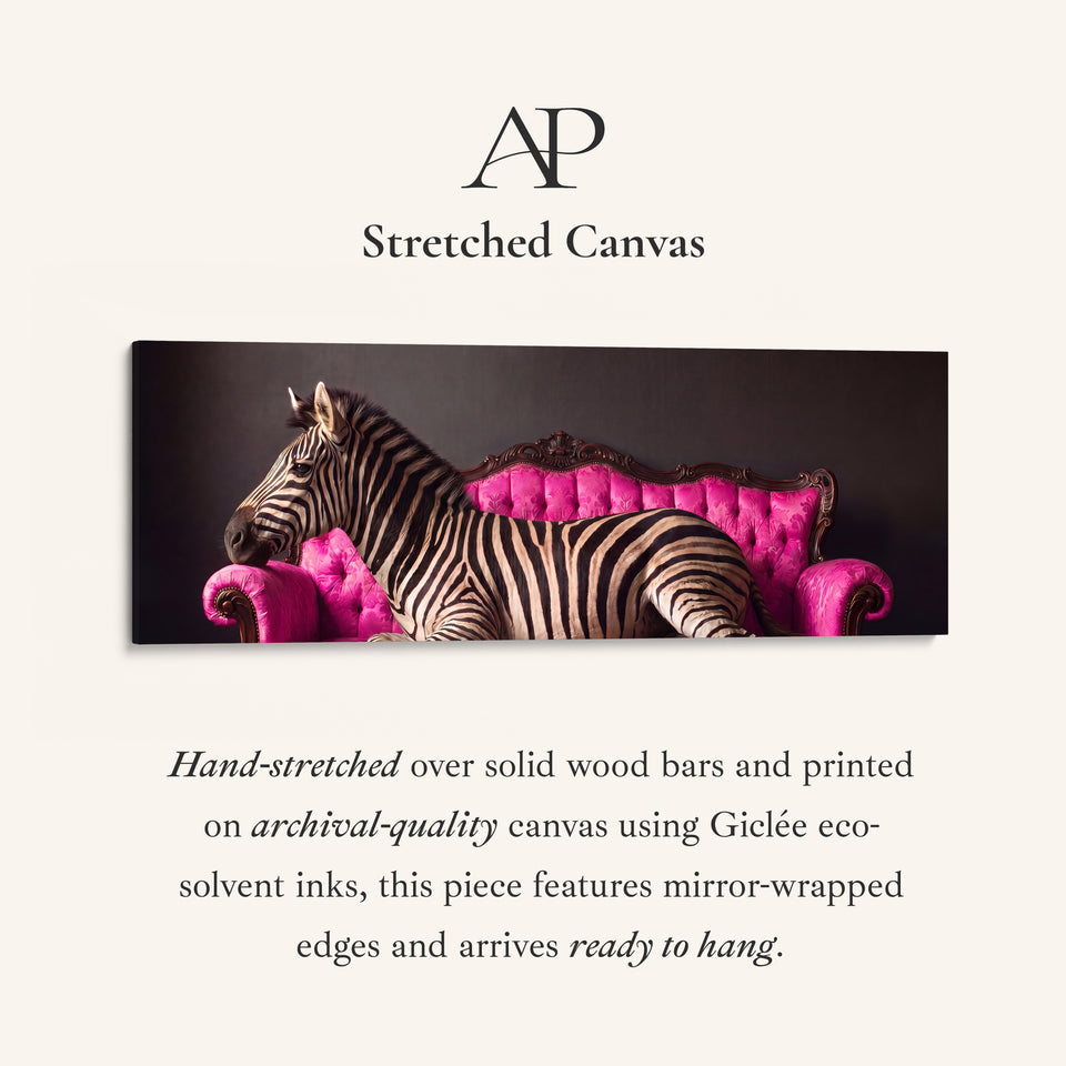 Bold and Playful Zebra on a Pink Velvet Sofa Long Wall Art for Living Room stretched canvas, full artwork view