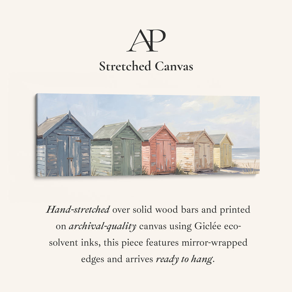 Above Bed Wall Art Panoramic Pastel Beach Huts by the Sea stretched canvas, full artwork view
