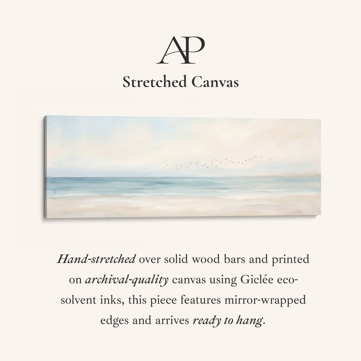Panoramic Wall Art Calm Sea and Shoreline with Birds for Bedroom stretched canvas, full artwork view