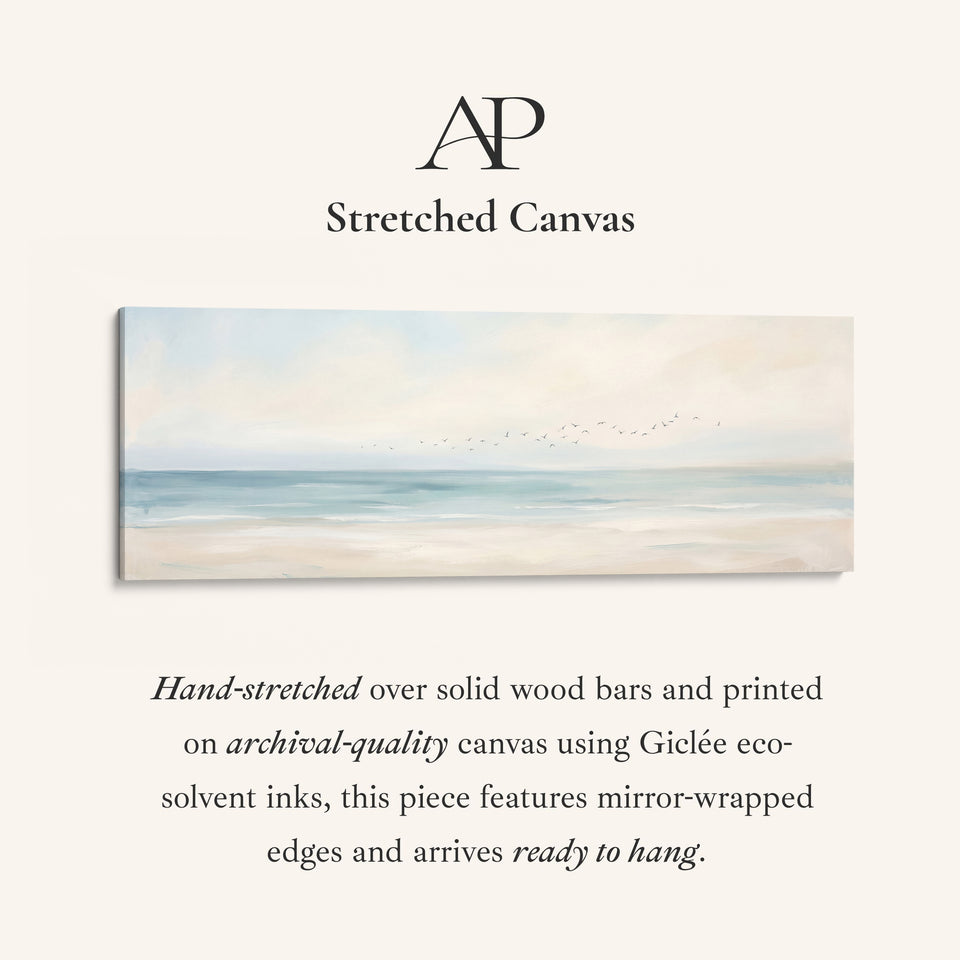 Panoramic Wall Art Calm Sea and Shoreline with Birds for Bedroom stretched canvas, full artwork view