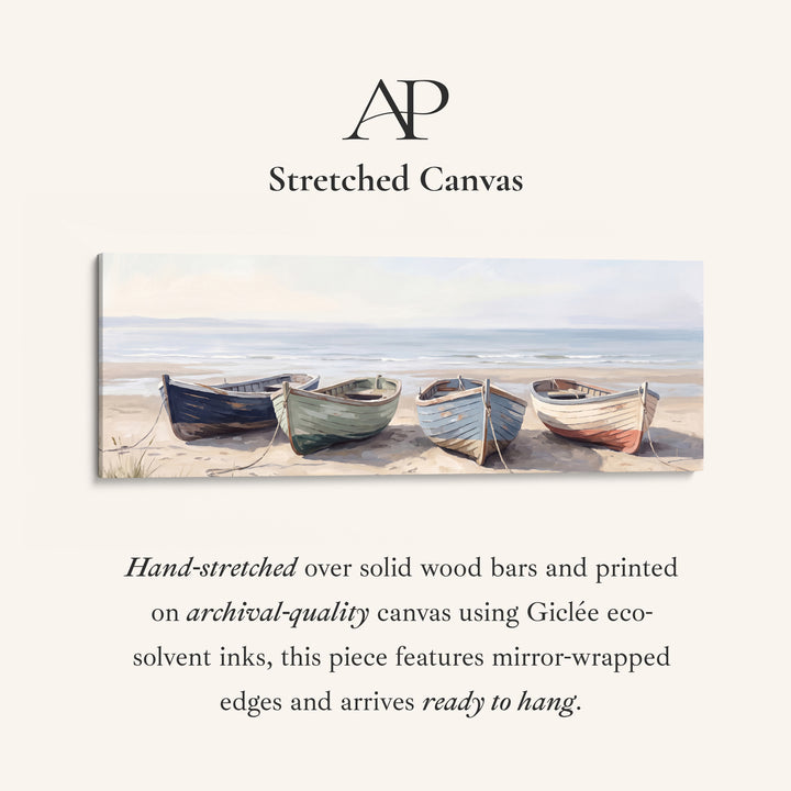 Quiet Coastal Mood Rowing Boats on the Beach Horizontal Wall Art for Hallway stretched canvas, full artwork view