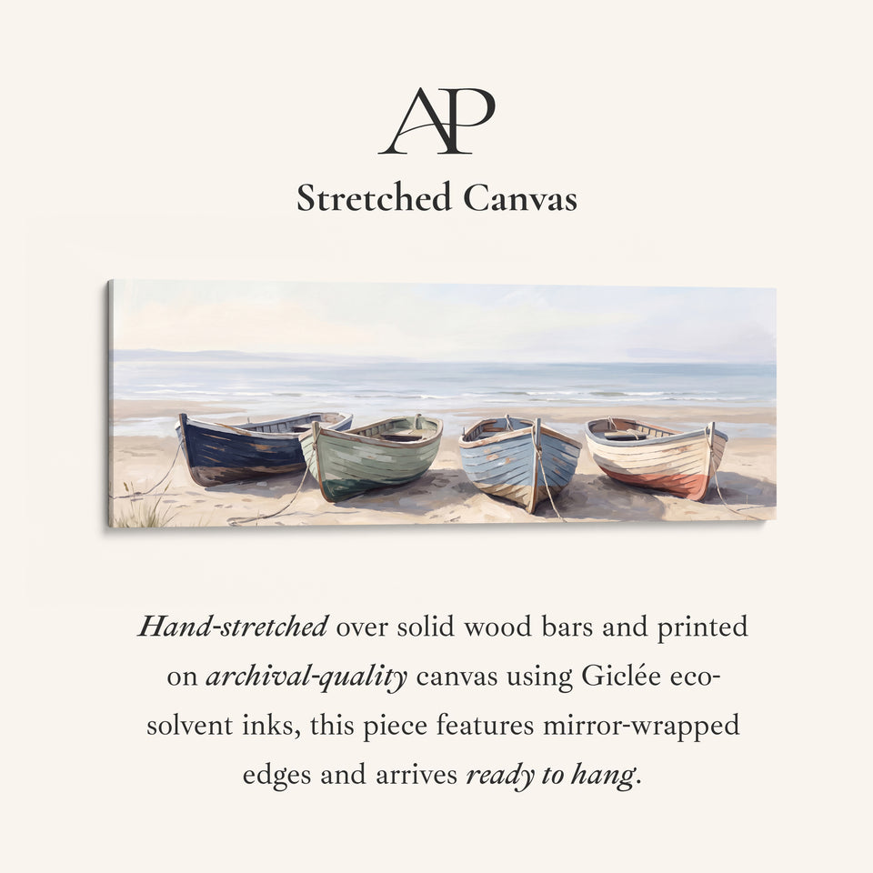 Quiet Coastal Mood Rowing Boats on the Beach Horizontal Wall Art for Hallway stretched canvas, full artwork view