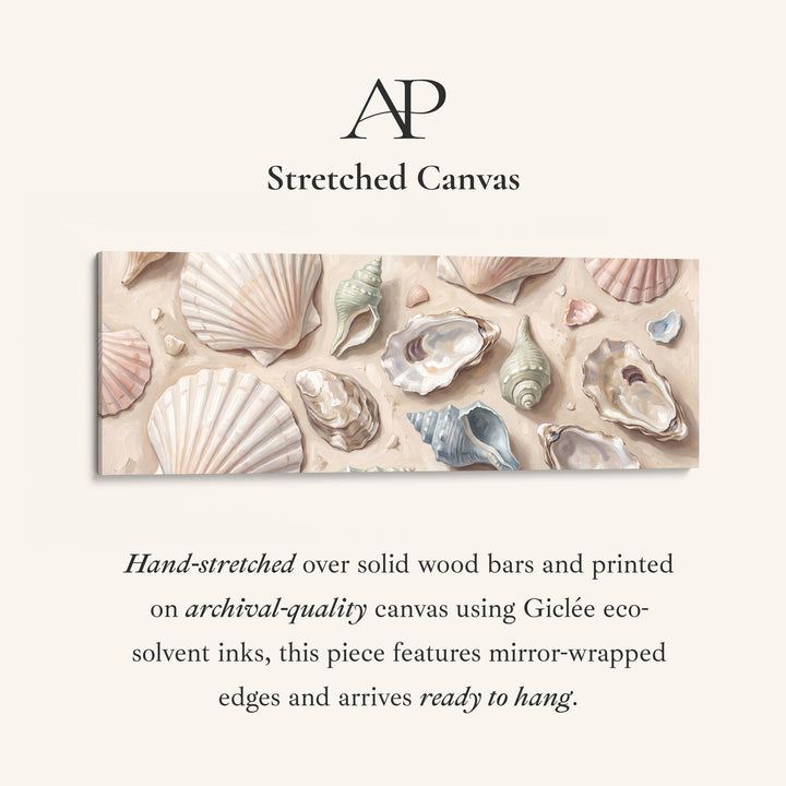 Long Wall Art Seashells on Sand Neutral Coastal Canvas for Above Bed stretched canvas, full artwork view