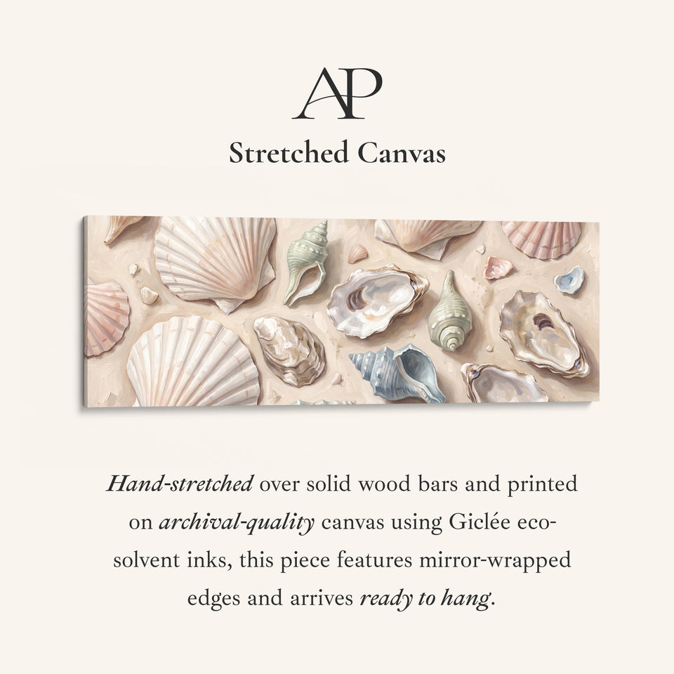 Long Wall Art Seashells on Sand Neutral Coastal Canvas for Above Bed stretched canvas, full artwork view