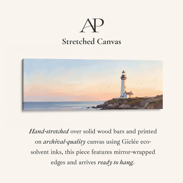 Lighthouse at Sunset Panoramic Wall Art for Above Couch stretched canvas, full artwork view