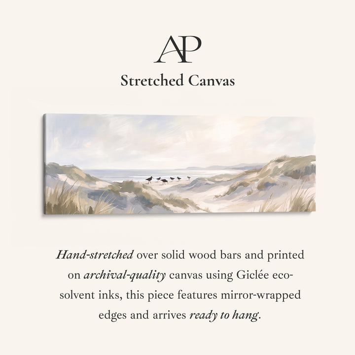 Soft Neutral Sand Dunes and Shorebirds Long Narrow Wall Art for Bedroom stretched canvas, full artwork view