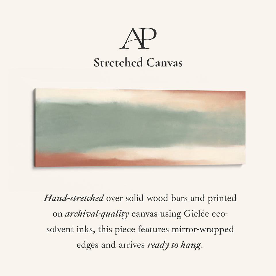 Soft Sage Colour Field Abstract Horizontal Wall Art Above Couch stretched canvas, full artwork view