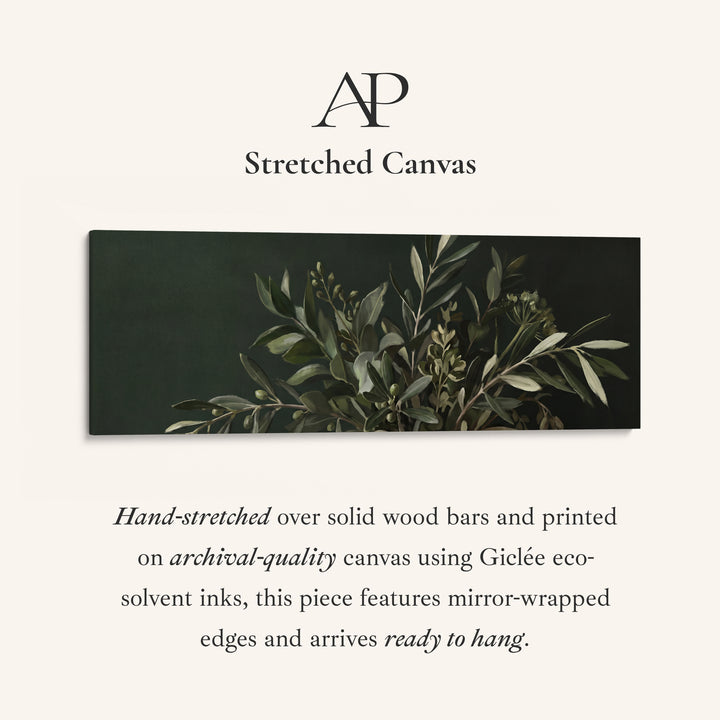 Panoramic Wall Art Olive Branches on a Dark Background for Kitchen stretched canvas, full artwork view
