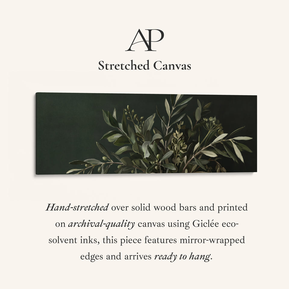 Panoramic Wall Art Olive Branches on a Dark Background for Kitchen stretched canvas, full artwork view