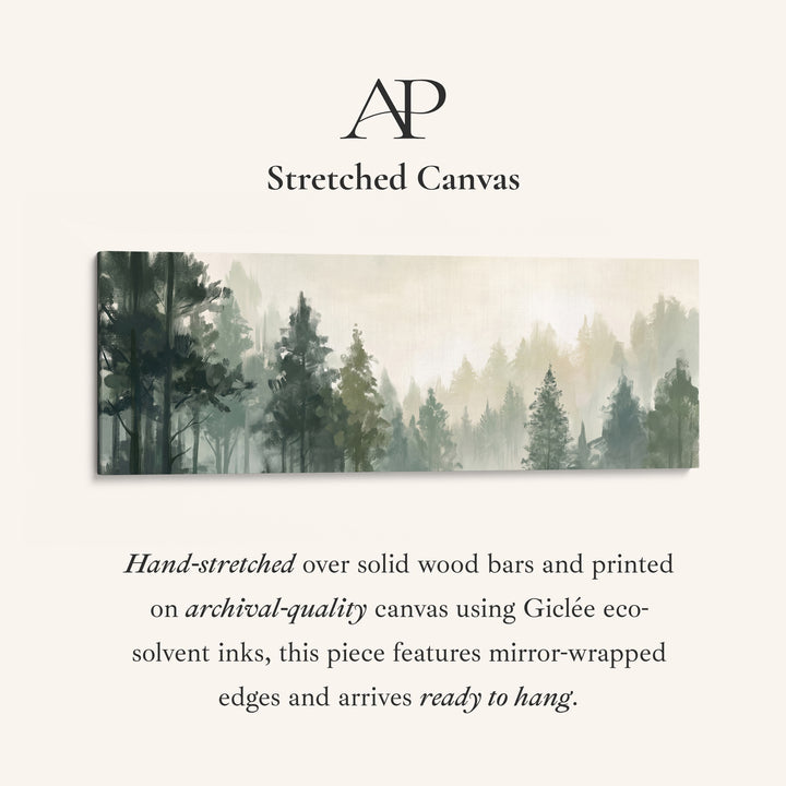 Misty Pine Forest Long Narrow Wall Art for Above Bed stretched canvas, full artwork view