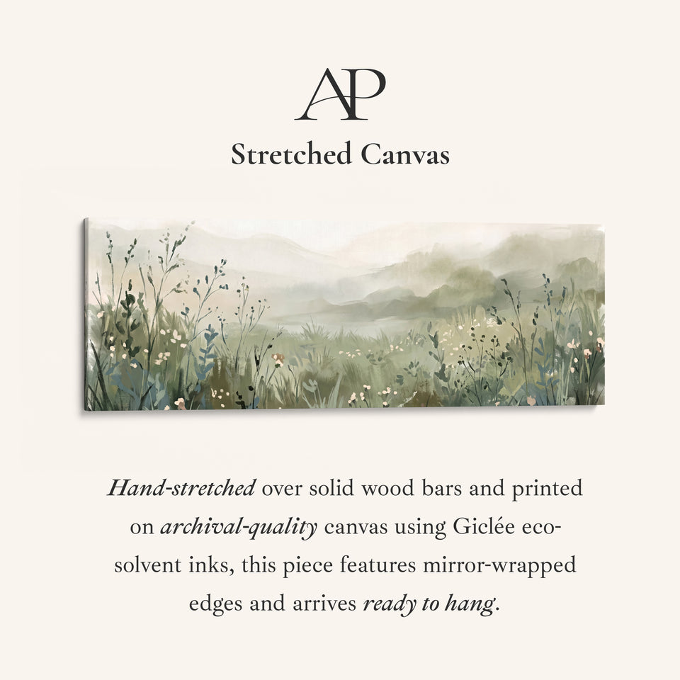 Soft and Dreamy Wildflower Meadow in the Mist Horizontal Wall Art for Living Room stretched canvas, full artwork view