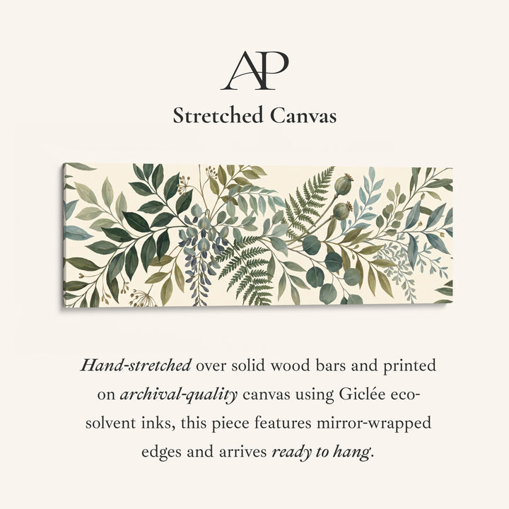 Dining Room Wall Art Long Horizontal Fern and Eucalyptus Botanical stretched canvas, full artwork view