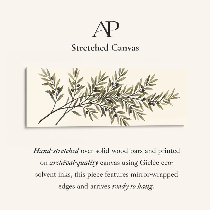 Simple Mediterranean Olive Branch Long Narrow Wall Art for Kitchen stretched canvas, full artwork view