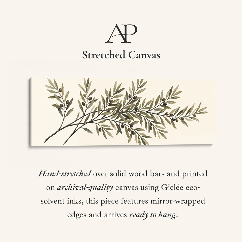 Simple Mediterranean Olive Branch Long Narrow Wall Art for Kitchen stretched canvas, full artwork view