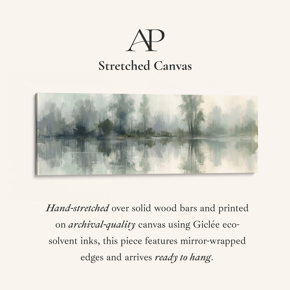 Above Couch Wall Art Long Misty Lake with Tree Reflections stretched canvas, full artwork view