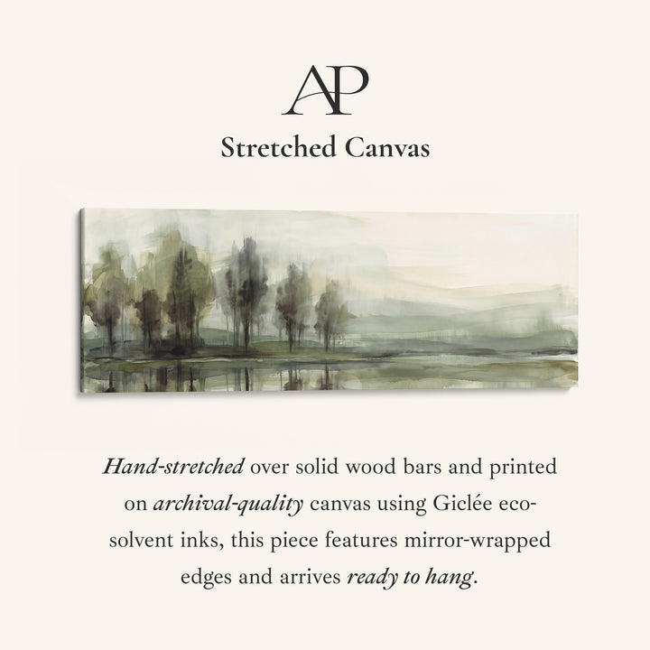 Horizontal Wall Art Watercolor Trees by a Still Lake for Living Room stretched canvas, full artwork view
