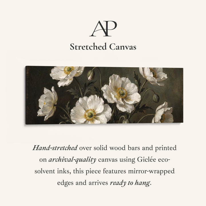 White Anemones on Dark Background Long Wall Art for Dining Room stretched canvas, full artwork view