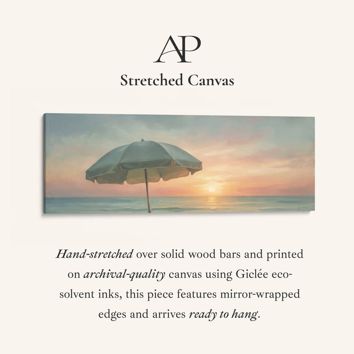 Calm Seaside Beach Umbrella at Sunset Panoramic Wall Art for Bedroom stretched canvas, full artwork view